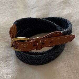 Brooks Brothers Solid Brass Braided Navy Knit Belt Brown Leather Trim 42